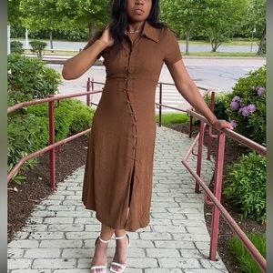 New Brown Midi Short Sleeve Dress